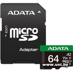 Купить ADATA micro SDXC 64Gb [UD64GUI3V30A2SP-RA1] в Минске, доставка по Беларуси